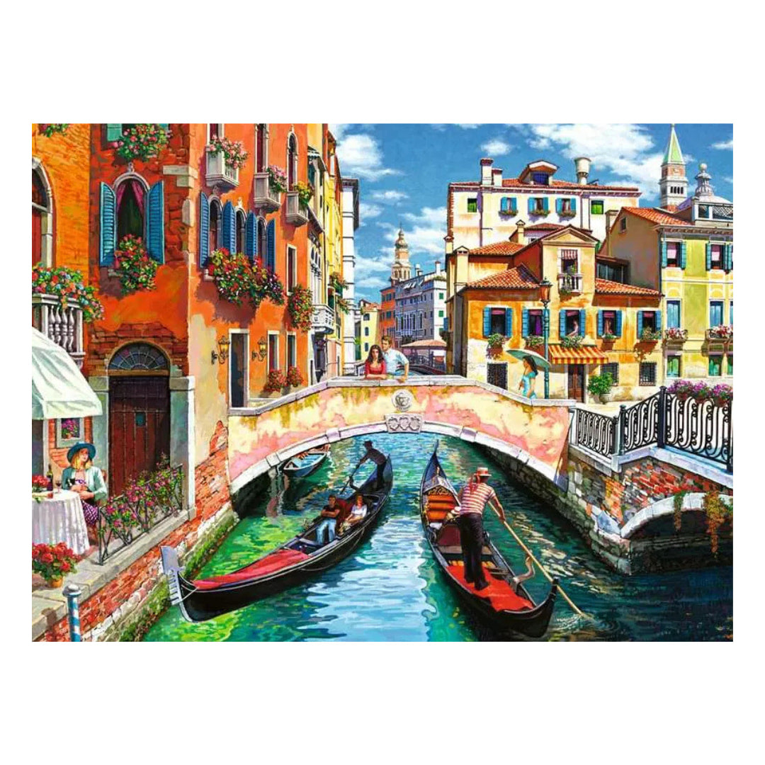 Colorful Italian canal scene with gondolas and buildings
