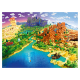 Minecraft-style landscape with various structures and a river