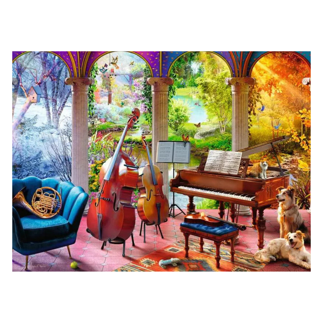 Colorful scene with musical instruments and animals in a decorative setting