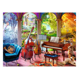 Colorful scene with musical instruments and animals in a decorative setting
