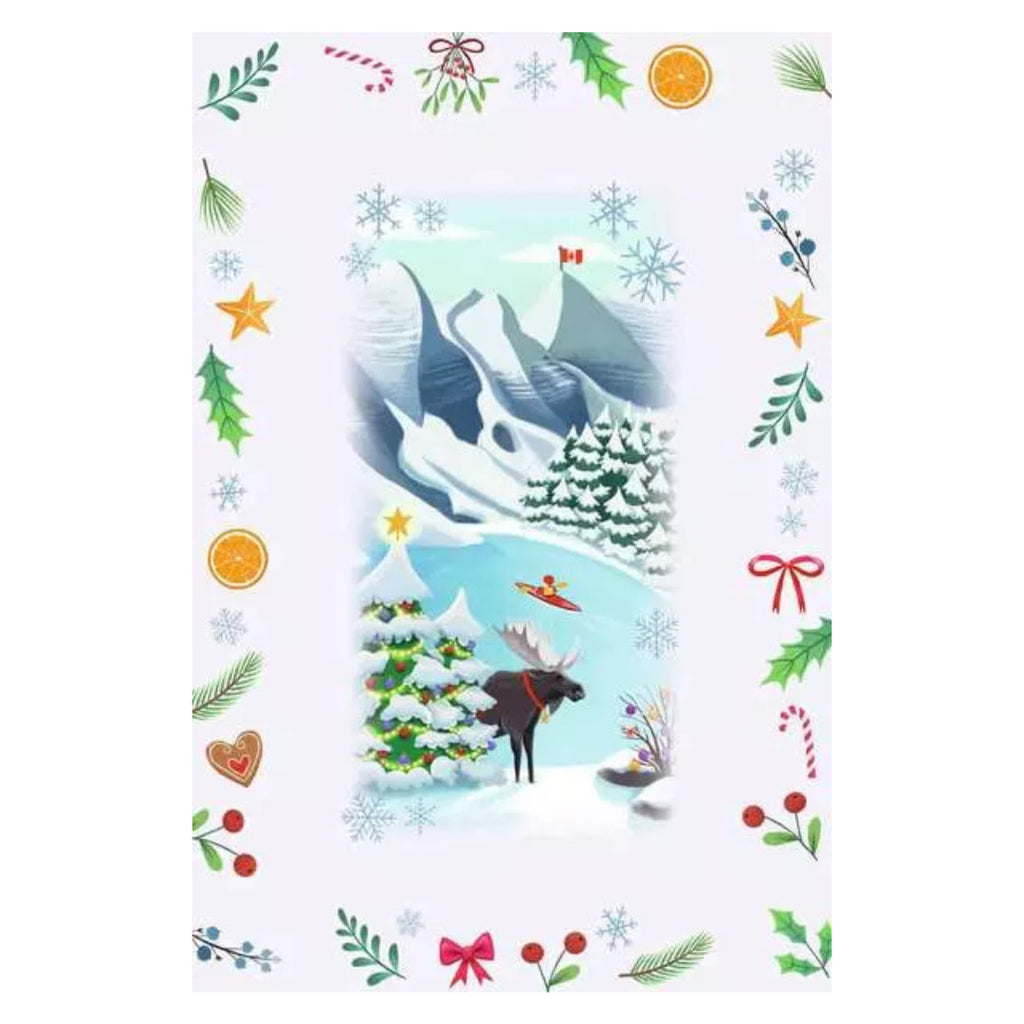 Winter scene with mountains, trees, and animals on a decorative paper background.