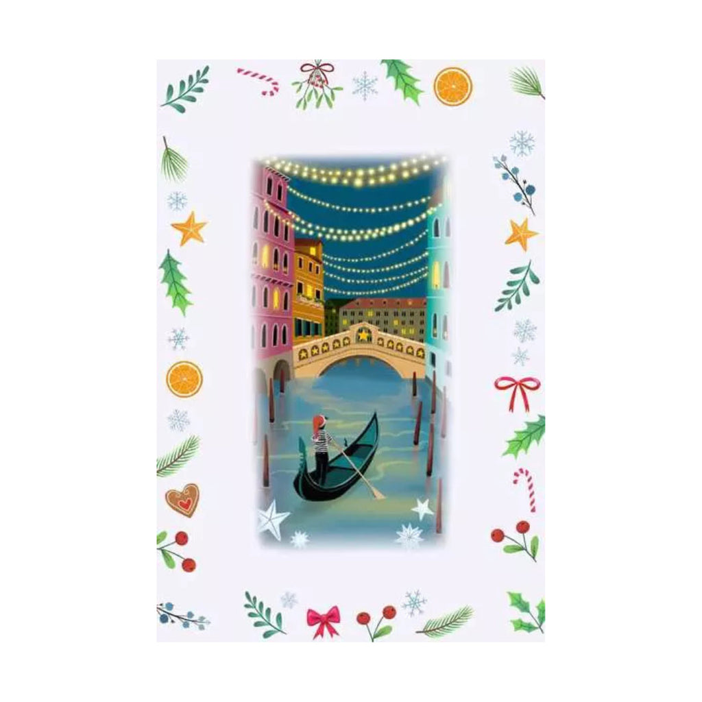 Decorative paper with a Venetian scene and festive border on a white background