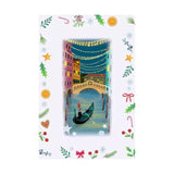 Decorative paper with a Venetian scene and festive border on a white background