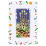 Decorative card with a Christmas-themed illustration of a cathedral surrounded by festive elements.