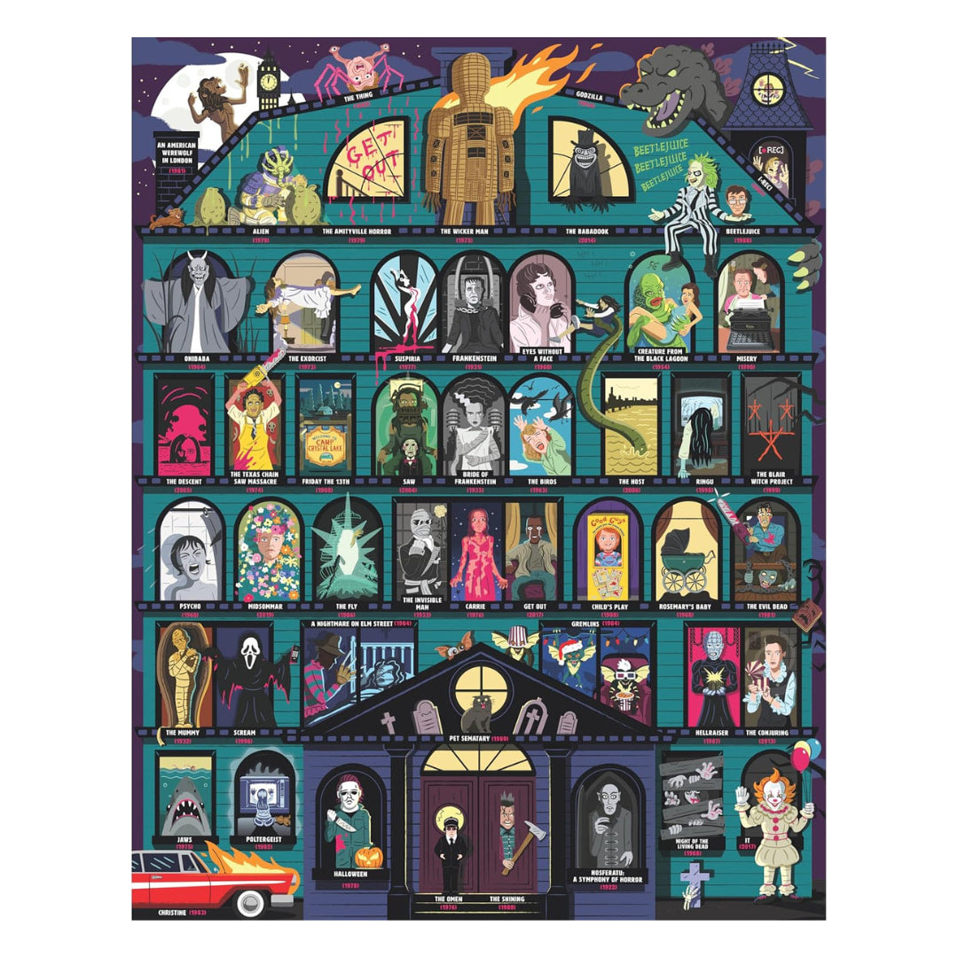 a 1000 piece puzzle image that reveals 50 of the most iconic horrors and thrillers in the history of cinema