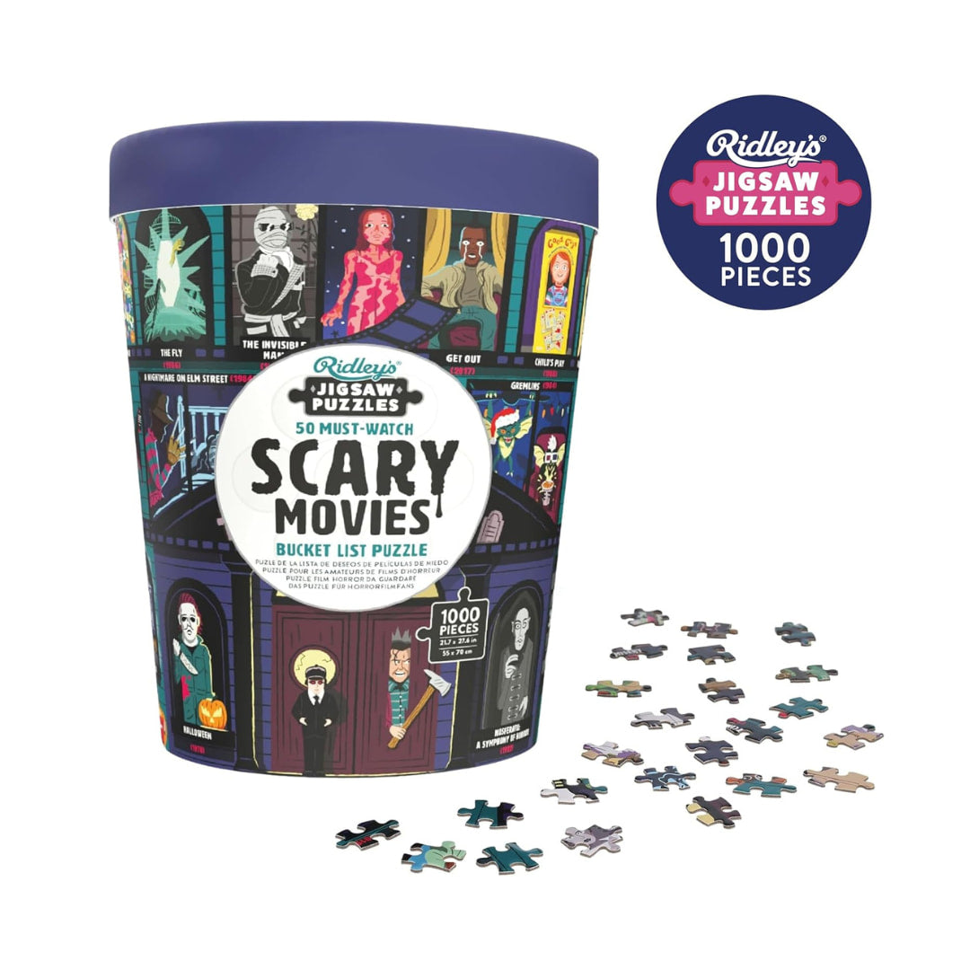an image of a bucket containing a 1000 piece puzzle that reveals 50 of the most iconic horrors and thrillers in the history of cinema