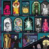 Illustrations of famous horror movie characters in a grid layout on a colorful background.