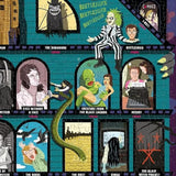 Illustration of a building facade with various horror movie characters and titles.