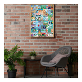 Colorful wall art above a gray chair against a brick wall.