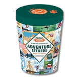  cylindrical puzzle packaging with illustrations and text on a white background