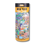 Puzzle tube packaging with New York City illustration on a white background