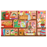 Colorful jigsaw puzzle with illustrations of a garden, books, and a rabbit.