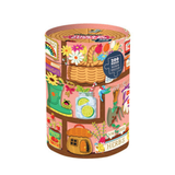 Colorful cylindrical puzzle box with illustrations on a white background