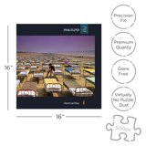 Pink Floyd album cover with puzzle pieces and product features on a white background