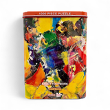 Colorful puzzle box with abstract design and text on a white background