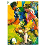 Abstract painting of two figures in a dynamic pose with vibrant colors.