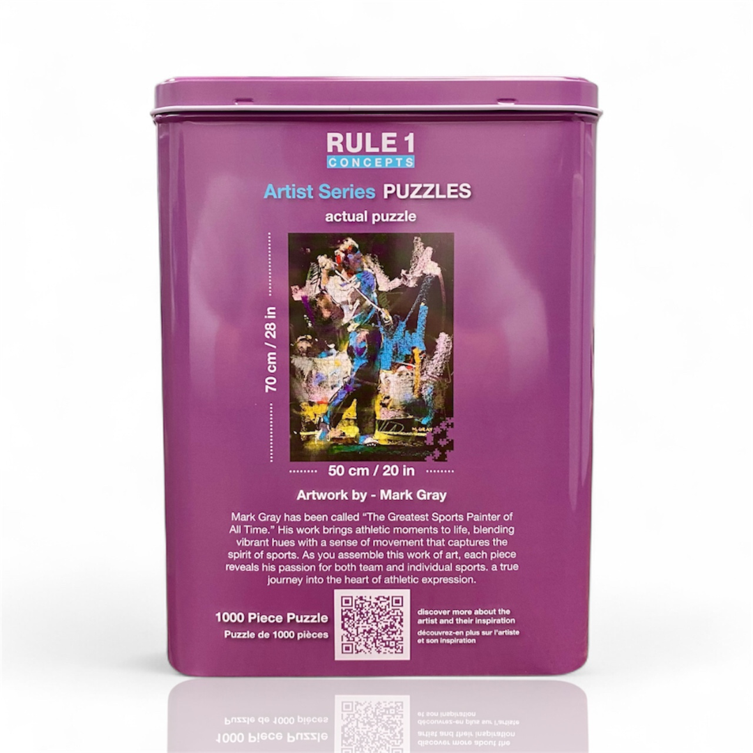 Purple puzzle box with artwork and text on a white background