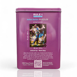 Purple puzzle box with artwork and text on a white background