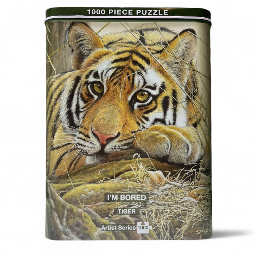 Metal puzzle tin with an image of a young tiger
