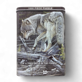 A puzzle tin with an image of a wolf in the woods