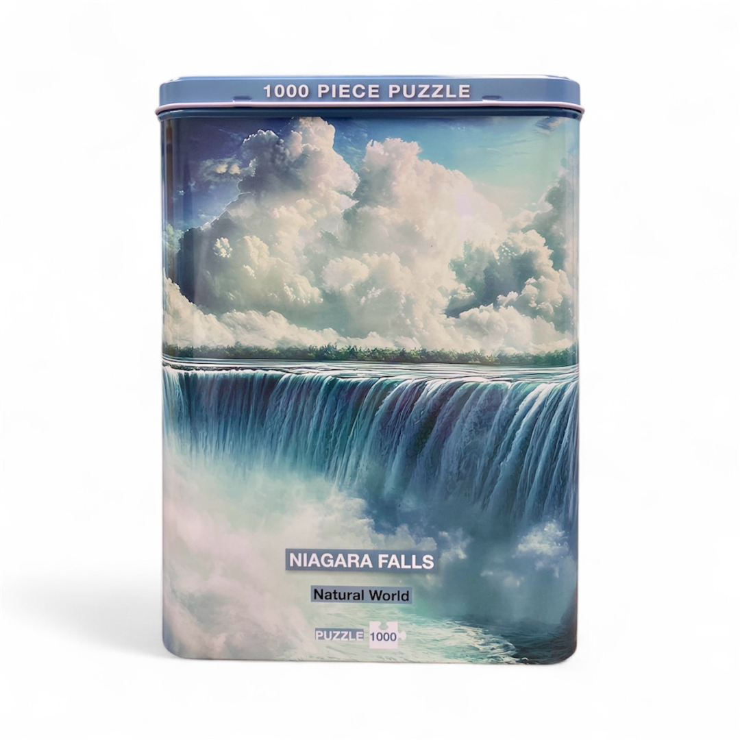 A puzzle of Niagara Falls in a metal tin
