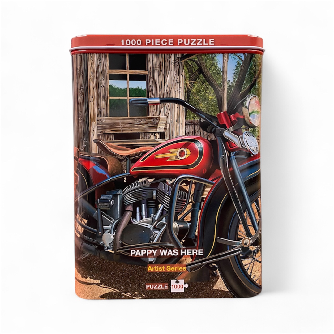Puzzle Tin featuring an image of a red vintage motorcycle