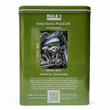 Green packaging of Rule 1 Artist Series Puzzles with motorcycle artwork and product details.