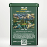 Puzzle box with a scenic image of Spirit Island, Jasper, Alberta on a green background
