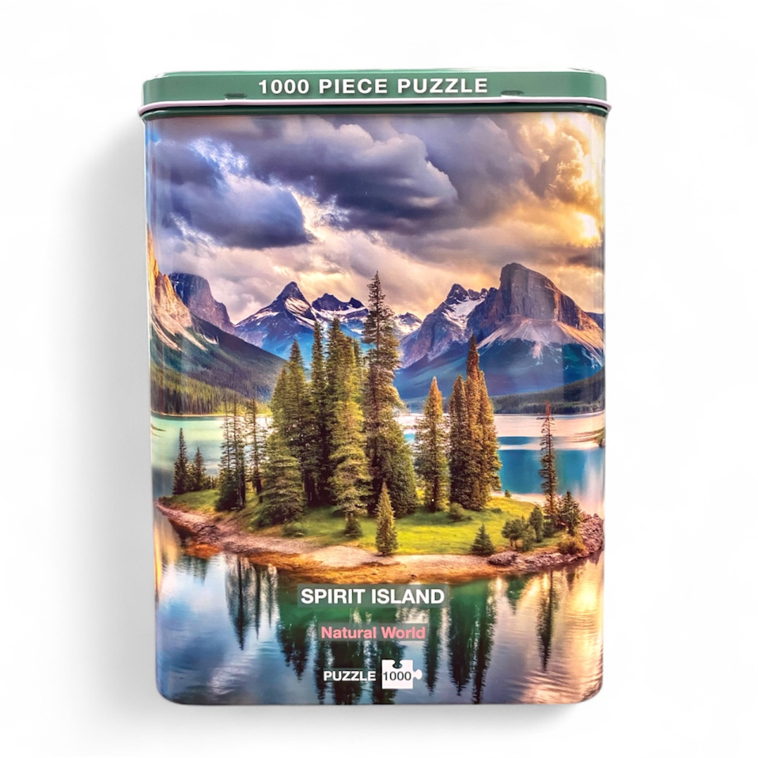 1000 piece puzzle packaging with a scenic mountain and lake design on a white background