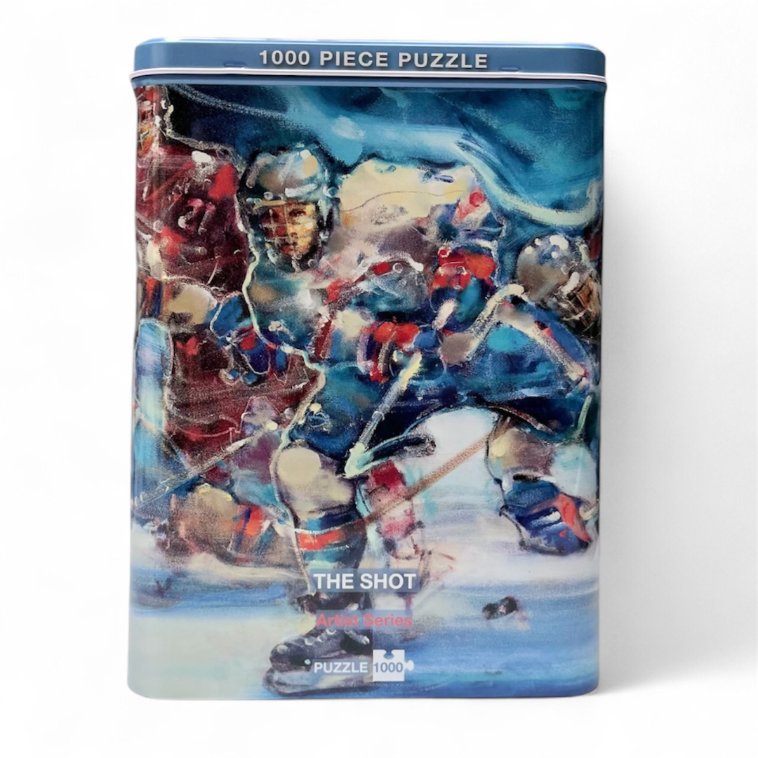 Metal puzzle tin with an image of a hockey player in motion