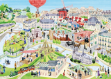 Illustrated city scene with hot air balloons, a windmill, and people in a park.