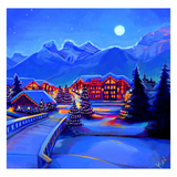 Winter scene with illuminated buildings, trees, and mountains under a full moon.