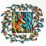 Colorful puzzle with a completed abstract design on a white background