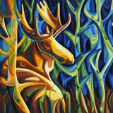 Colorful abstract painting of a moose with swirling patterns