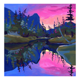Colorful landscape painting of a mountain and lake with a pink sky.