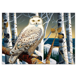 Painting of a snowy owl perched on a branch with a forest background