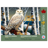 Jigsaw puzzle packaging featuring a snowy owl in a forest with 'Birds of Canada' branding.