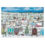 Illustration of a snowy village scene with people and activities