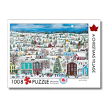 Jigsaw puzzle packaging featuring a Christmas village scene with colorful houses and trees.