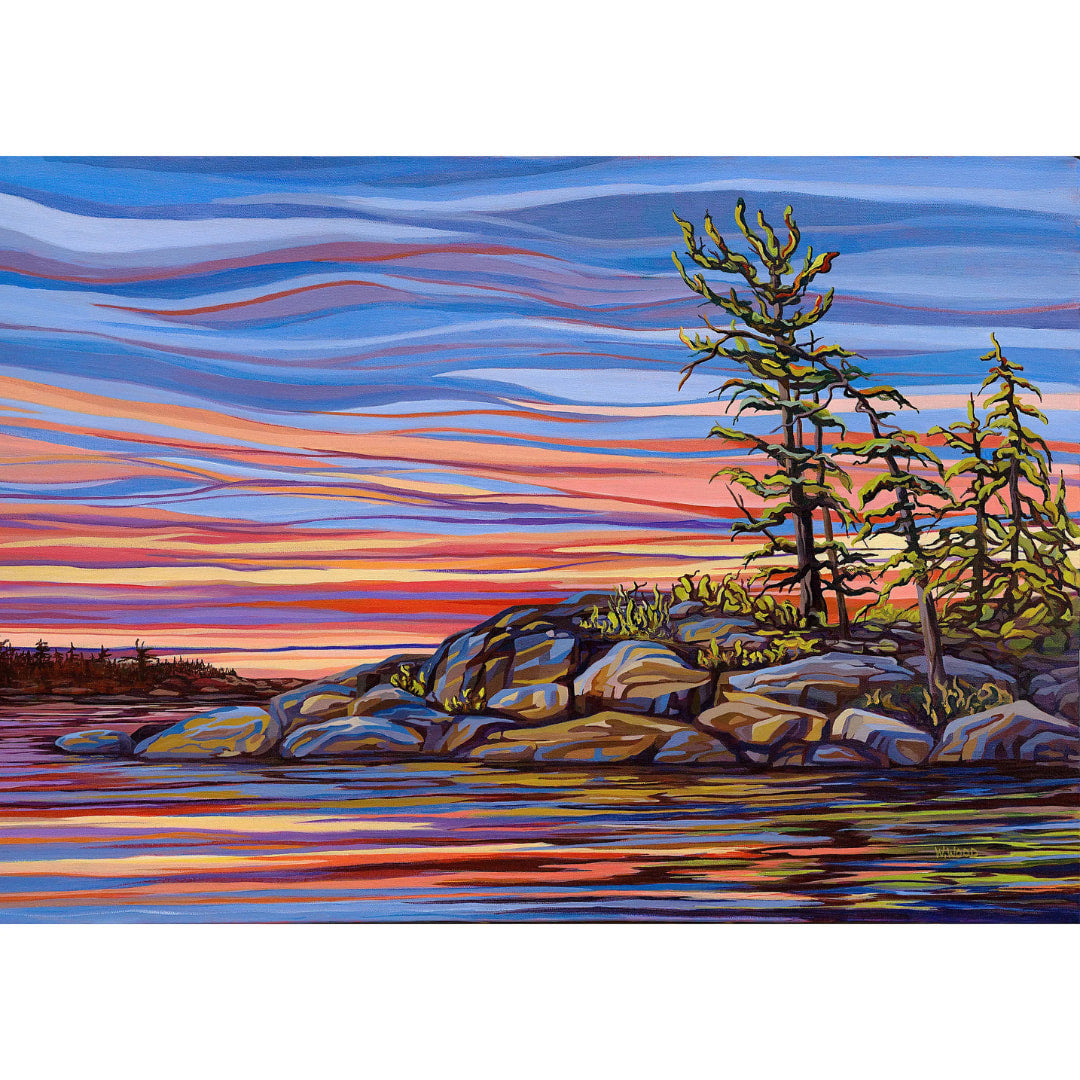 Colorful abstract landscape with trees and rocks near a body of water
