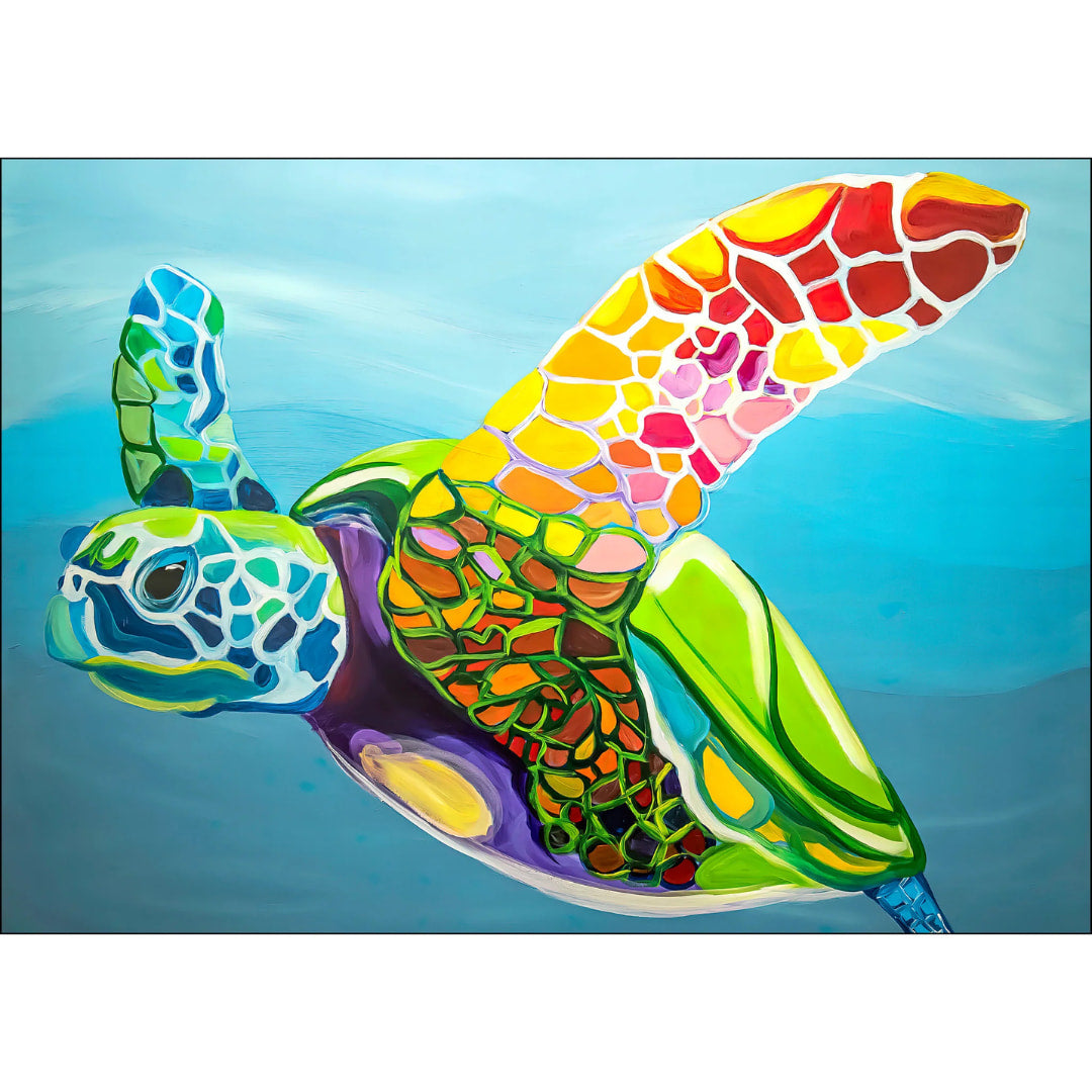 Colorful mosaic turtle painting on a blue background