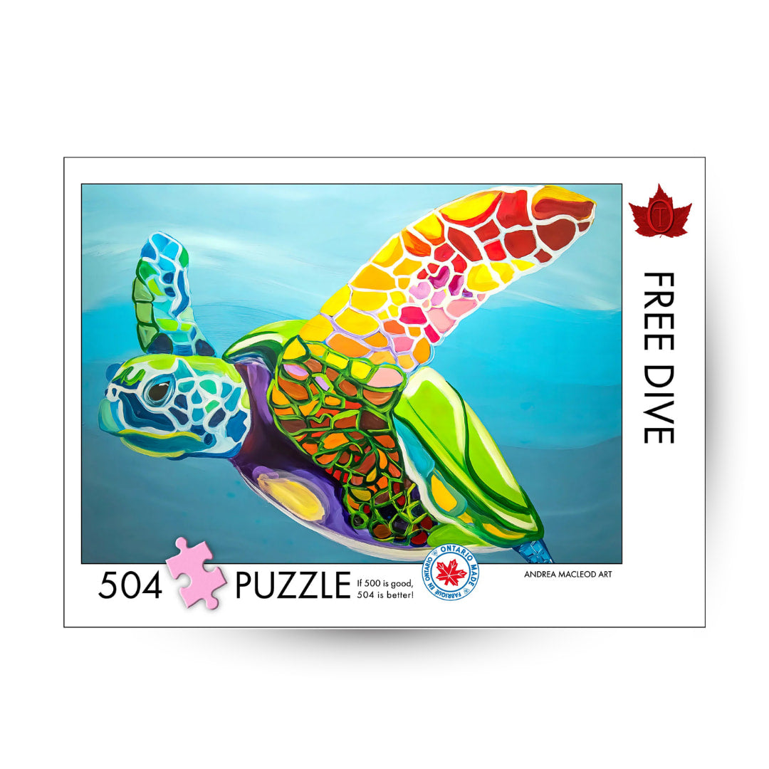 Colorful turtle puzzle with 'Free Dive' text and a maple leaf logo on a white background