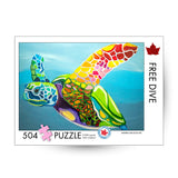 Colorful turtle puzzle with 'Free Dive' text and a maple leaf logo on a white background