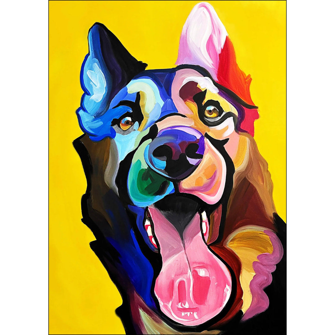 Colorful abstract painting of a dog's face on a yellow background