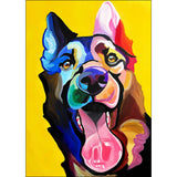 Colorful abstract painting of a dog's face on a yellow background