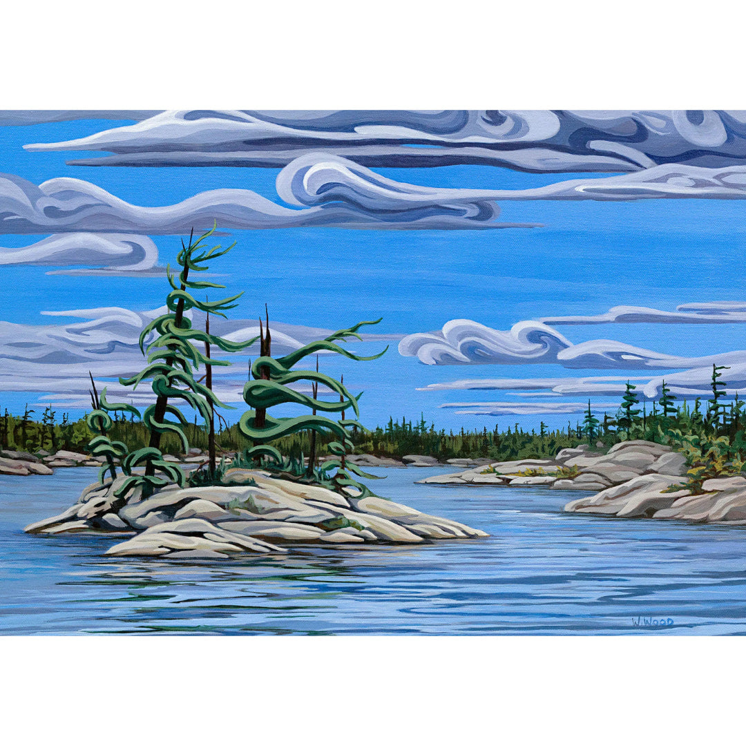 Painting of a serene landscape with trees on rocks in a lake and a blue sky with clouds.