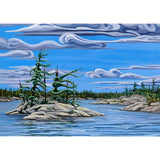 Painting of a serene landscape with trees on rocks in a lake and a blue sky with clouds.