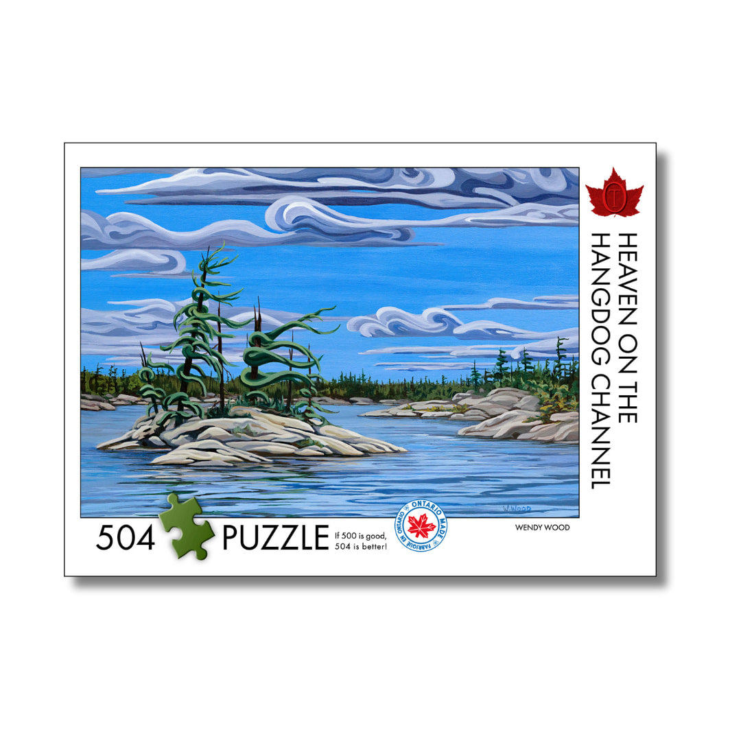 Jigsaw puzzle packaging with a scenic illustration of a lake and trees, featuring the Hangdog Channel logo.