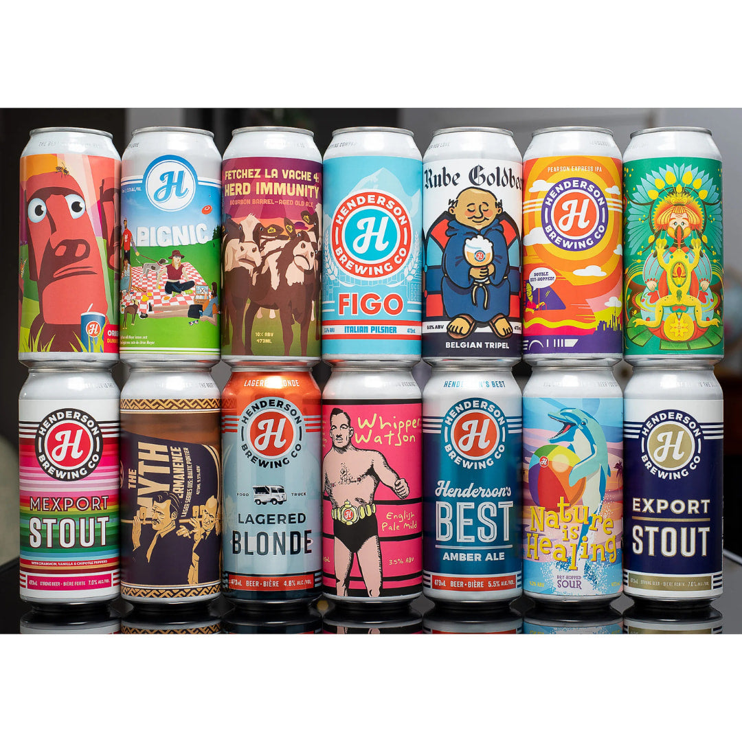 Assorted cans of Henderson Brewing Co. beer on a white background