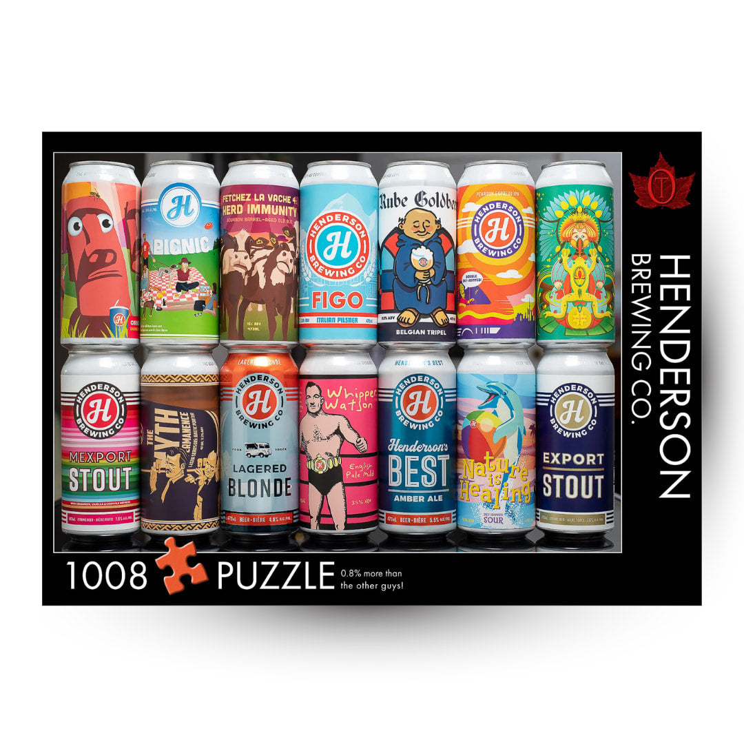 Puzzle box featuring images of Henderson Brewing Co. beer cans on a white background